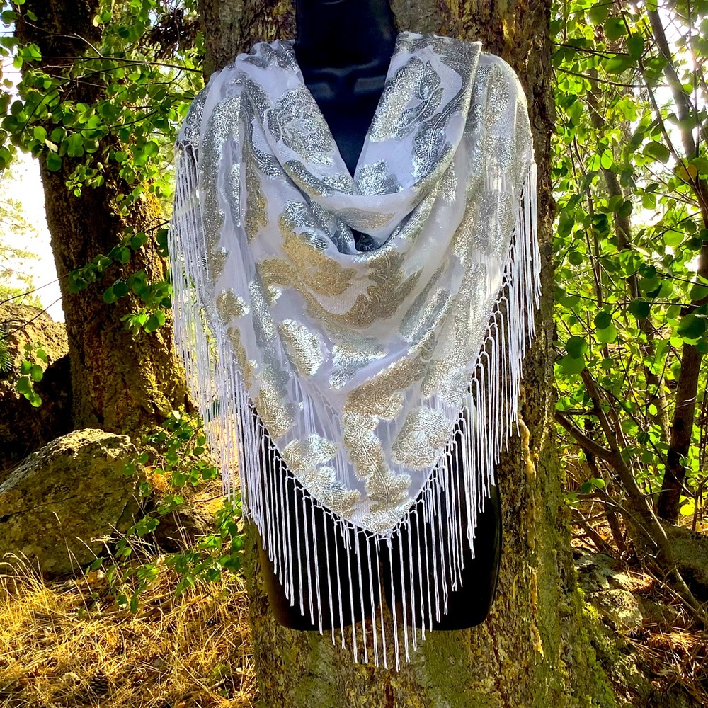 White Silver metallic paisley Scarf Fringe Wedding bridal Orthodox Church scarf